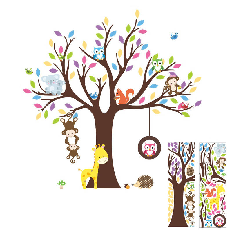 Removable Creative Brown Tree Cartoon Monkey Owls Koala Home Art Decor Wall Stickers for Kids Room