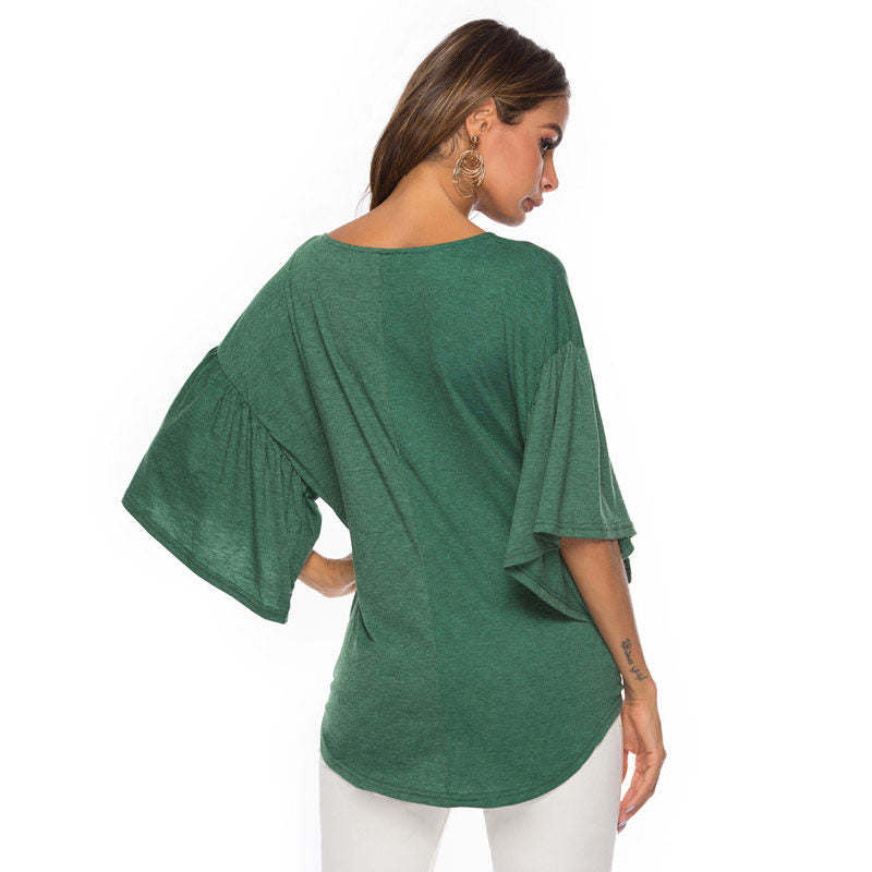 Womens Summer Ruffle Sleeve V-Neck T-Shirt Knot Tops-Green