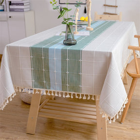 Embroidery Tassel Tablecloth Cotton Linen Dust-Proof Table Cover for Party Home Tabletop Decoration-GreenBlue