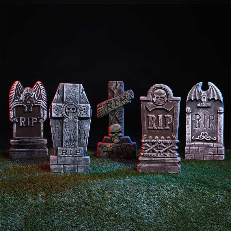 5 Pcs Halloween RIP Graveyard Tombstones with 12 Metal Stakes for Outdoor Yard Decor