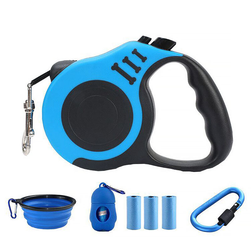 Retractable Dog Leash Lightweight Portative with Folding Bowl Dispenser Waste Bag-Blue