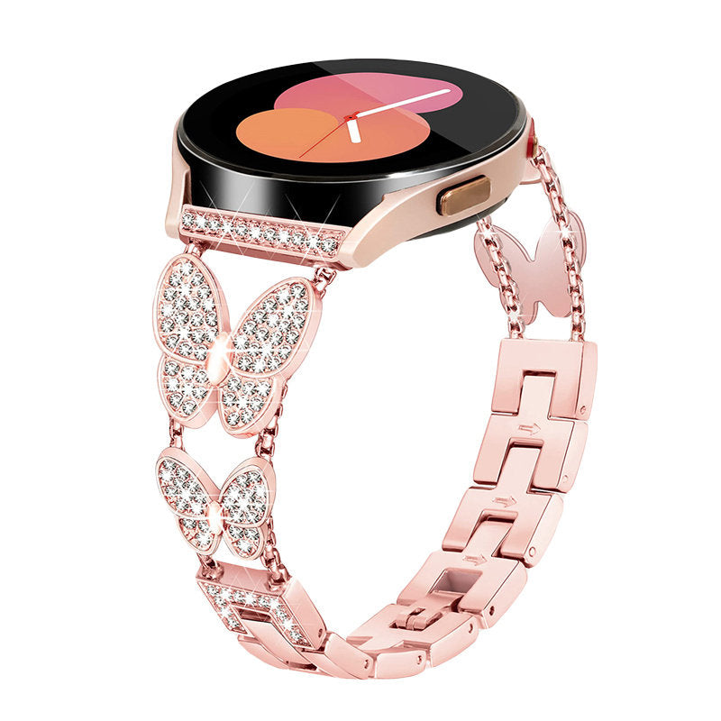 20mm Metal Watchband Butterfly Bling Diamond for Galaxy Watch 3/4/5-Rose Gold