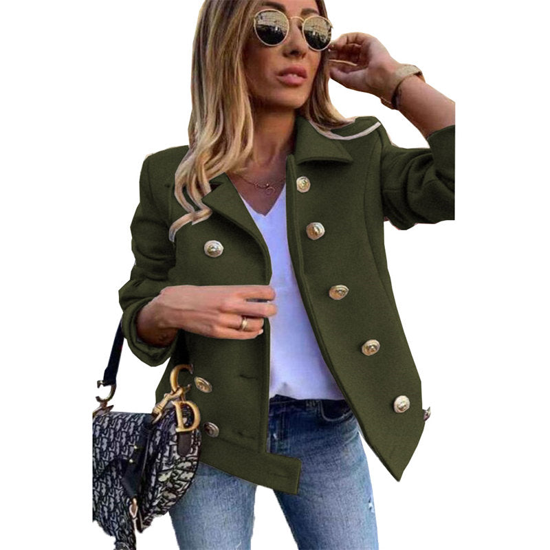 Womens Peacoat Double Breasted Lapel Casual Cropped Jackets Winter-Army Green