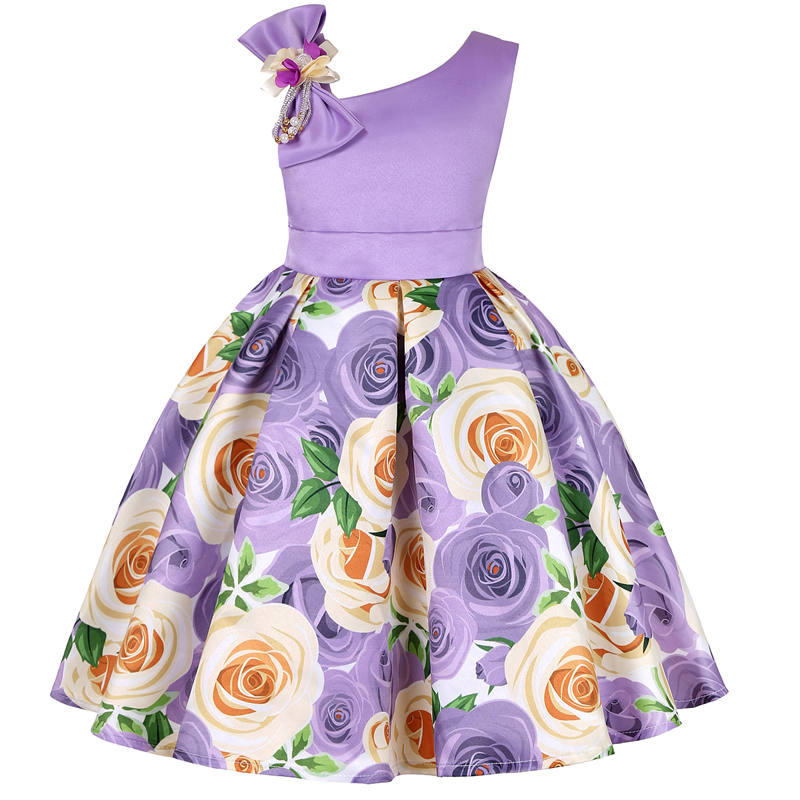 Oblique Shoulder Childrens Dress Rose Print Dress Girls Evening Party Costume-Light Purple