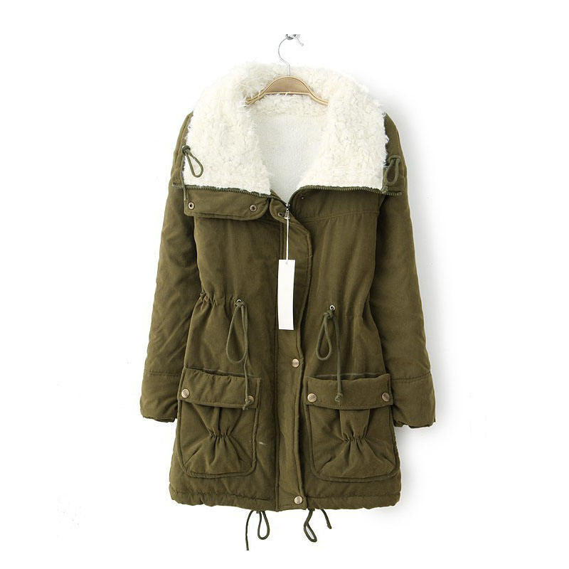 Women's Mid Length Winter Coat Thickened Warm Lamb Wool Lined Jacket-Army Green