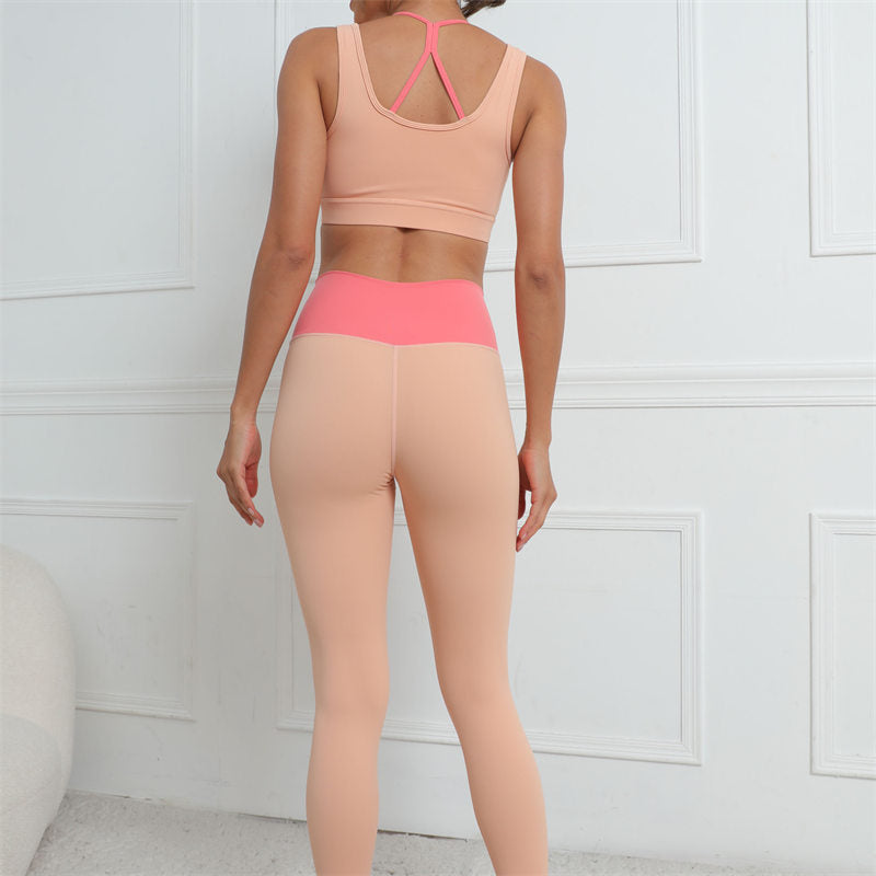 Womens Color Block Hip Lift Fitness Suit Sports Underwear and Yoga Trousers-Orange