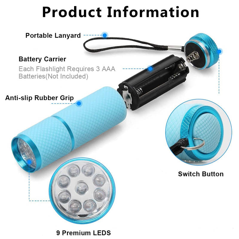 9 LED Glow in Dark Small Flashlights with Nylon lanyard for Camping-Blue