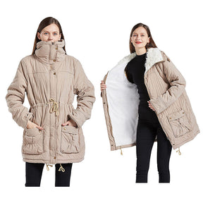 Women's Mid Length Winter Coat Thickened Warm Lamb Wool Lined Jacket-Khaki