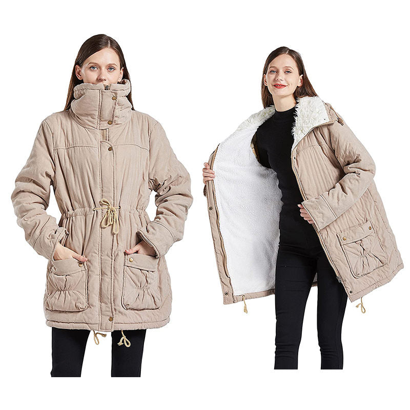Women's Mid Length Winter Coat Thickened Warm Lamb Wool Lined Jacket-Khaki