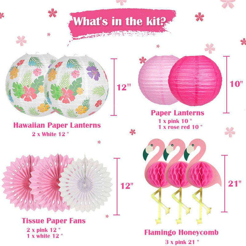 10pcs Flamingo Party Supplies Hawaiian Party Decorations Flamingo Paper Lanterns Paper Fans for Birthday Luau Tropical Bachelorette Party