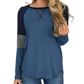 Womens Color Block Round Neck Tunic Top Casual Long Sleeve Shirt-Blue