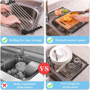 18Tubes Roll-Up Dish Drying Rack Stainless Steel for Kitchen Sink-Black