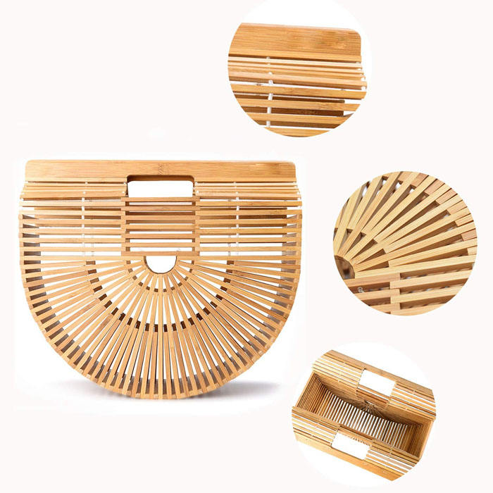Retro Womens Bamboo Handbag Handmade Semicircle Tote Bag Wicker Basket Bag