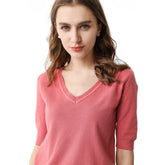 Womens V Neck Sweaters Soft Tops Knit Casual Solid Pullover-Pink