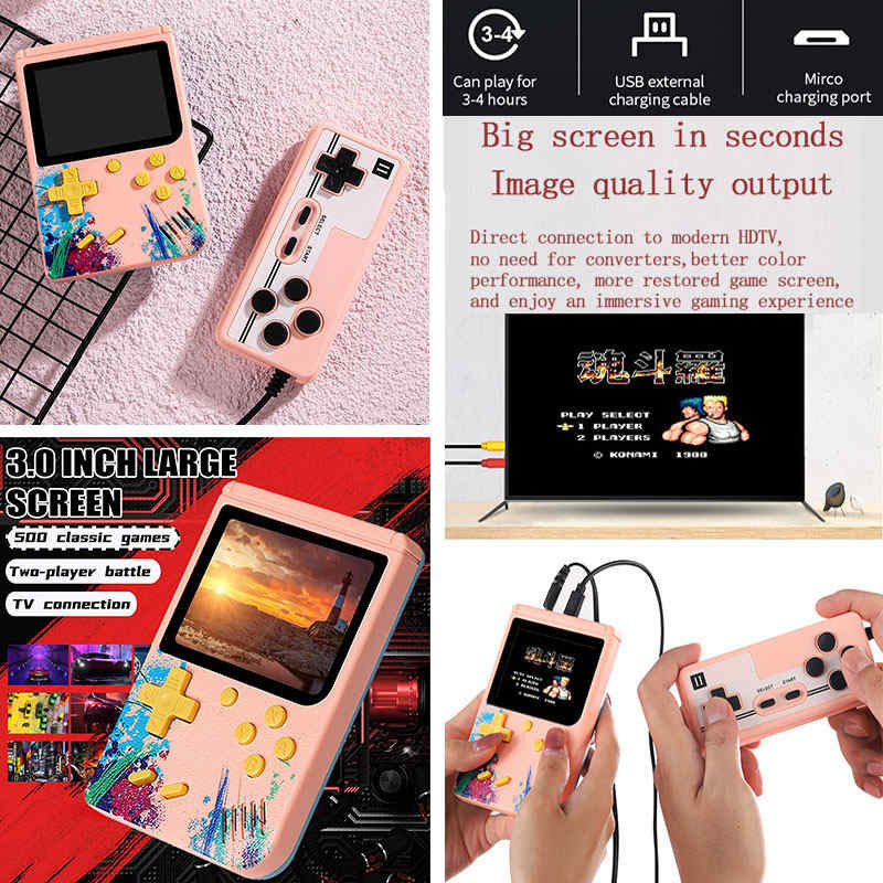 3.0inch Screen Retro Handheld Game Console 500 Classic FC Games Support to TV Output-Two Player-Green