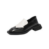 Womens Loafer Square Toe Chunky Heel Fashion Slip on Shoes-Black White