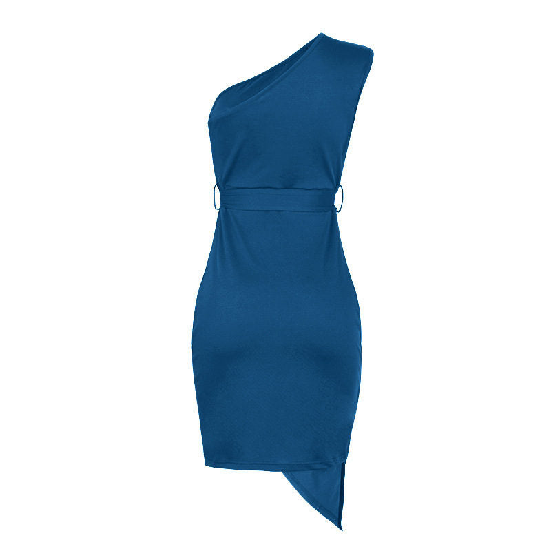 Solid Color Sleeveless Sloping Shoulder Strap Party Cocktail Dress-Blue