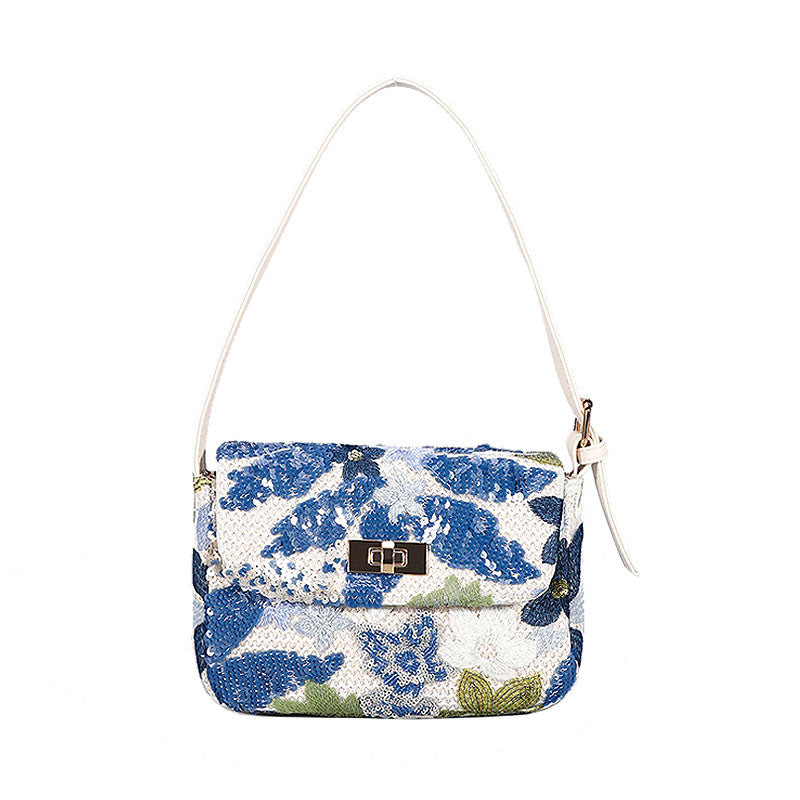Womens Premium Shoulder Bag Embroidery Sequin Craft Purse-XXF-Light Blue