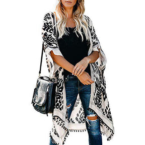 Women Print Kimono Tassel Casual Cardigan V Neck Loose Swimsuit Cover Up Beachwear-Black