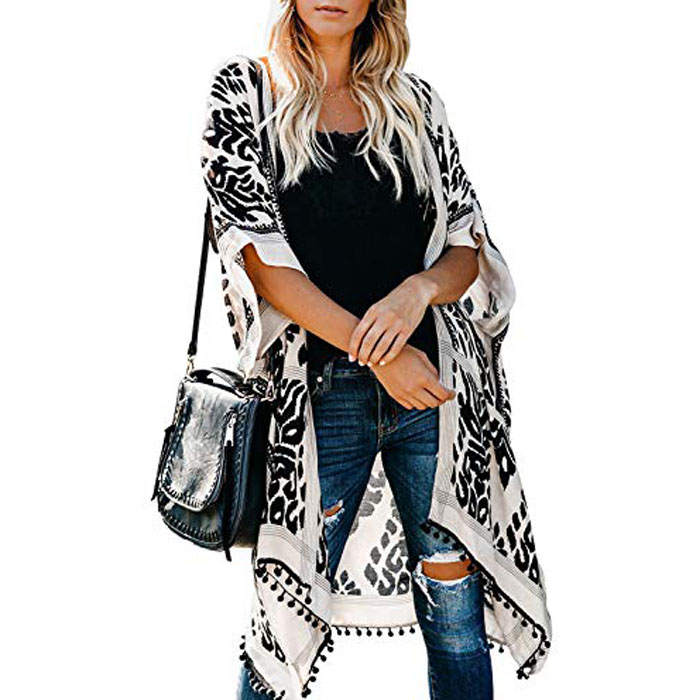 Women Print Kimono Tassel Casual Cardigan V Neck Loose Swimsuit Cover Up Beachwear-Black