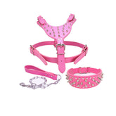 Pet Leash Collar Harness Three-piece Set Anti-bite Rivets-Rose Red