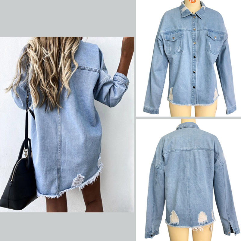 Women Ripped Denim Jacket Boyfriend Mid Long Trucker Coat-LightBlue