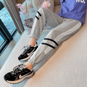 Girls Joggers Long Pants Pockets Outdoor Casual Trousers Two Bars-Gray