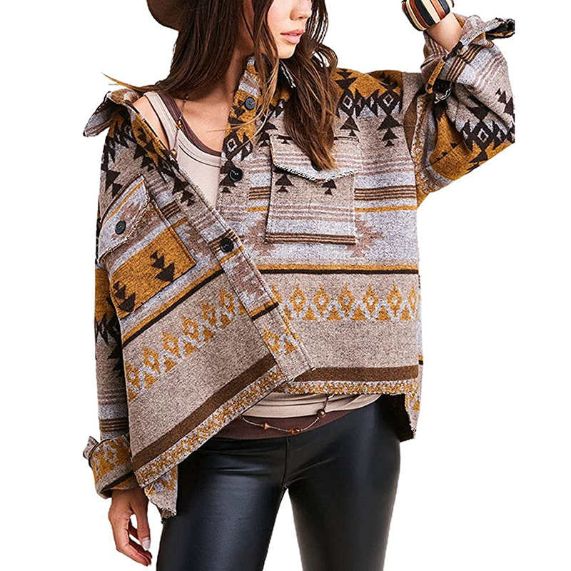 Womens Aztec Jacket Retro Lapel Long Sleeve Coat with Pockets-Yellow