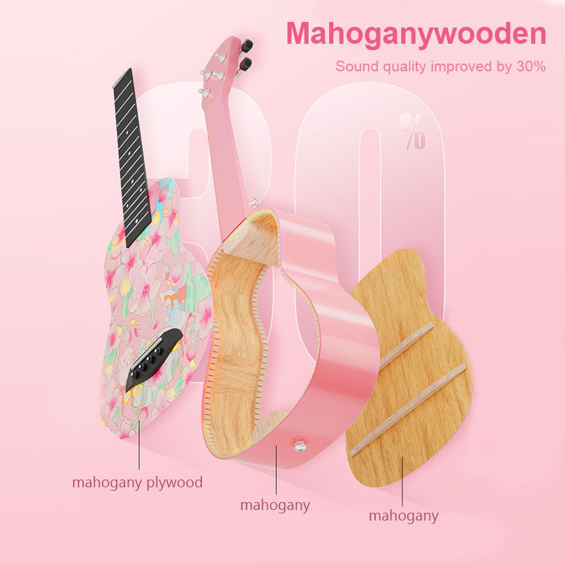 Mahogany Wooden Ukulele Beginner Pack Instrument All in One Kit for Girls Boys-Peach