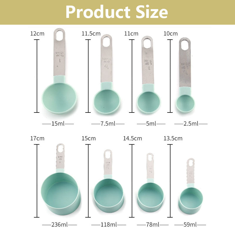 8Pcs Stainless Steel Handle Measuring Cups and Spoons Set-Blue