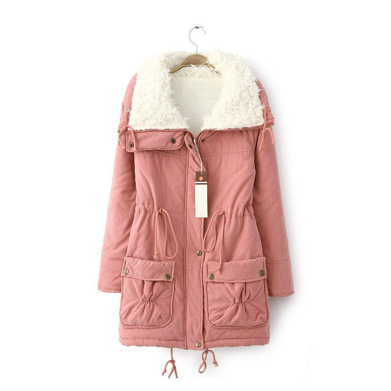 Women's Mid Length Winter Coat Thickened Warm Lamb Wool Lined Jacket-Pink