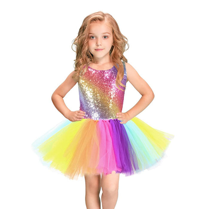 Girl Sequin Dress Handmade Toddler Rainbow Dress for Party Special Occasion with Bow Tie