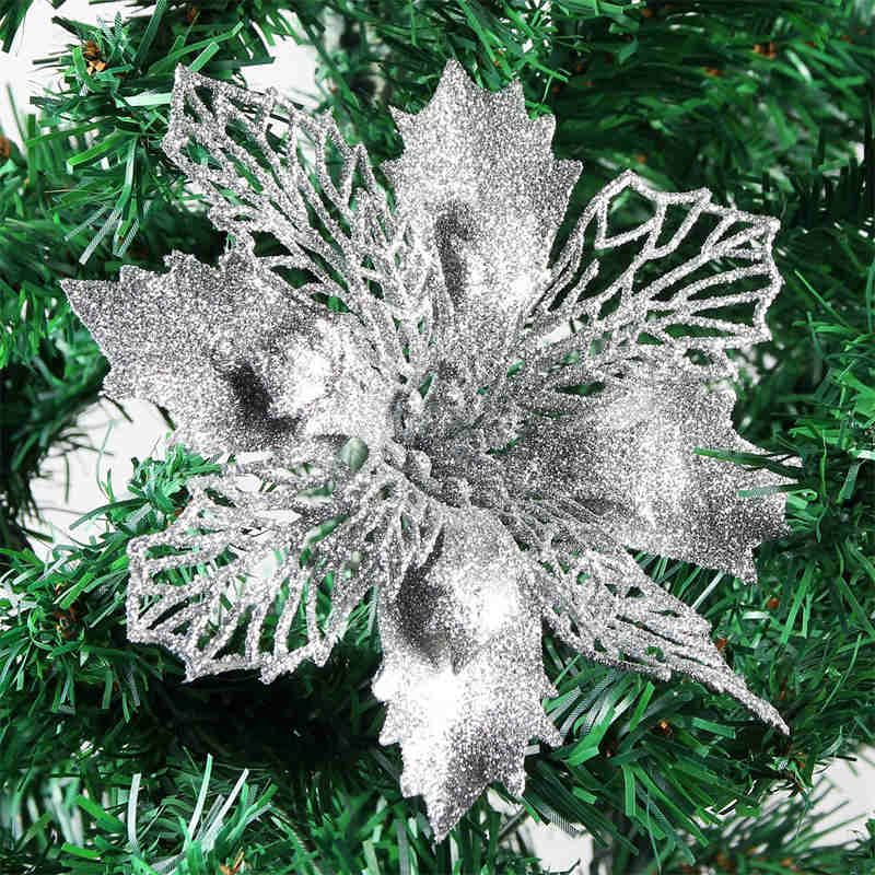 12Pack Glitter Flowers Christmas Tree Decorations and Ornaments-Silver