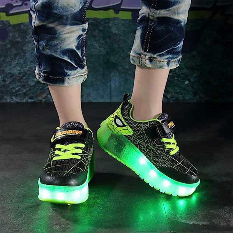 Double Wheel Roller Skate Shoes Light Up Sneakers for Boys Girls-Black Green