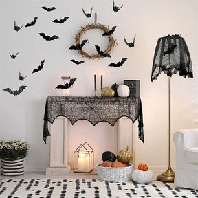 5 Pack Halloween Decorations Tablecloth Set Black Lace Table Runner Round Spider Cobweb with 16pcs Scary Bat