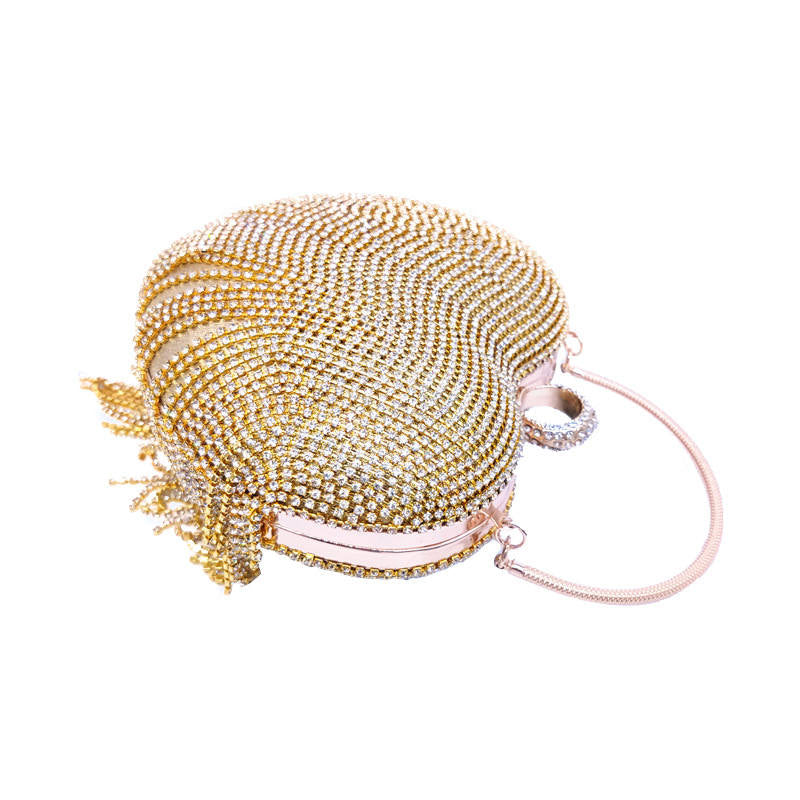 Women Luxury Heart Shape Tassel Evening Clutch Bag Rhinestones Wedding Party Purse-Gold