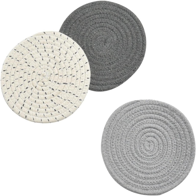 3 Pcs Potholders Colorful Cotton Thread Weave Stylish Coasters Heat Insulation Table Mat by Diameter 18CM-Grey