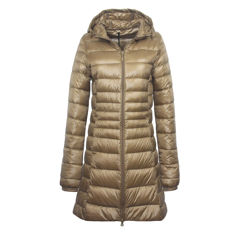 Womens Lightweight Puffer Jacket Hooded Winter Mid Length Coat-Champagne