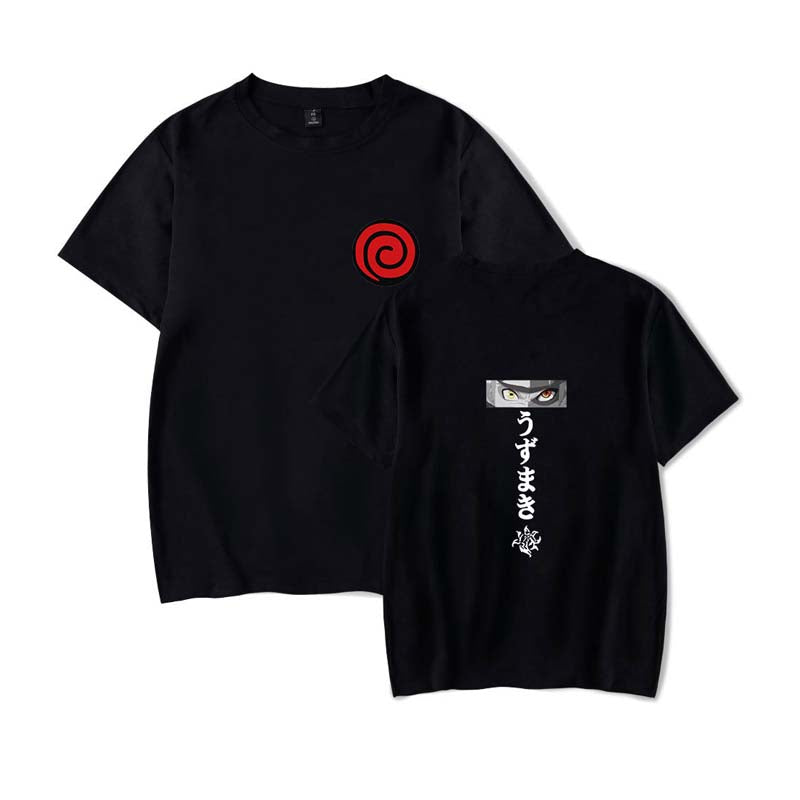 Mens Tops Japanese Anime Naruto Same Style Trend Short Sleeved T-shirt-I Black