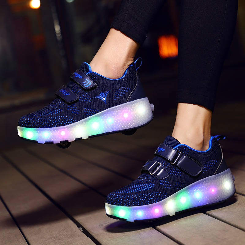 Kids LED Roller Shoes with Double Wheel for Childrens Birthday Gift-159 Navy Blue