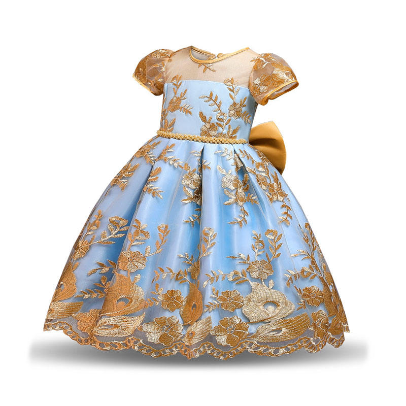 Girl Flower Lace Printed Cotton Elegant Tulle Bow Belt Princess Dress-Yellow