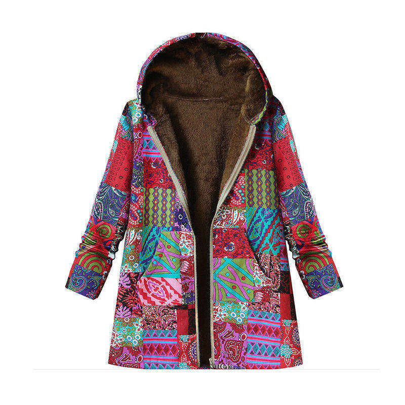 Womens Winter Printed Fleece Jacket Casual Sherpa Lined Fuzzy Jacket-FlowerRed