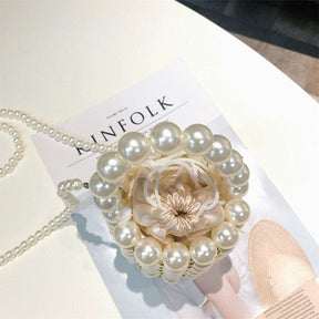 Beaded Handbag for Women White Pearl Decoration Evening Bags with Detachable Chain Inner Bag