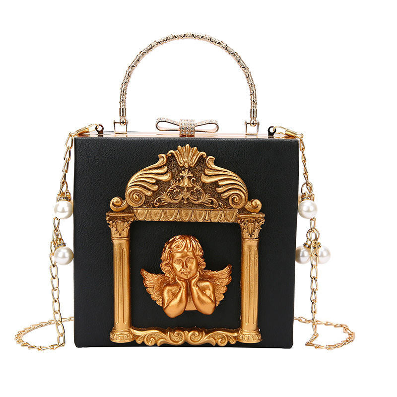 Womens Love Angel Embossed Clutch Evening Bag Bowknot Snaps Crossbody Purse-Black