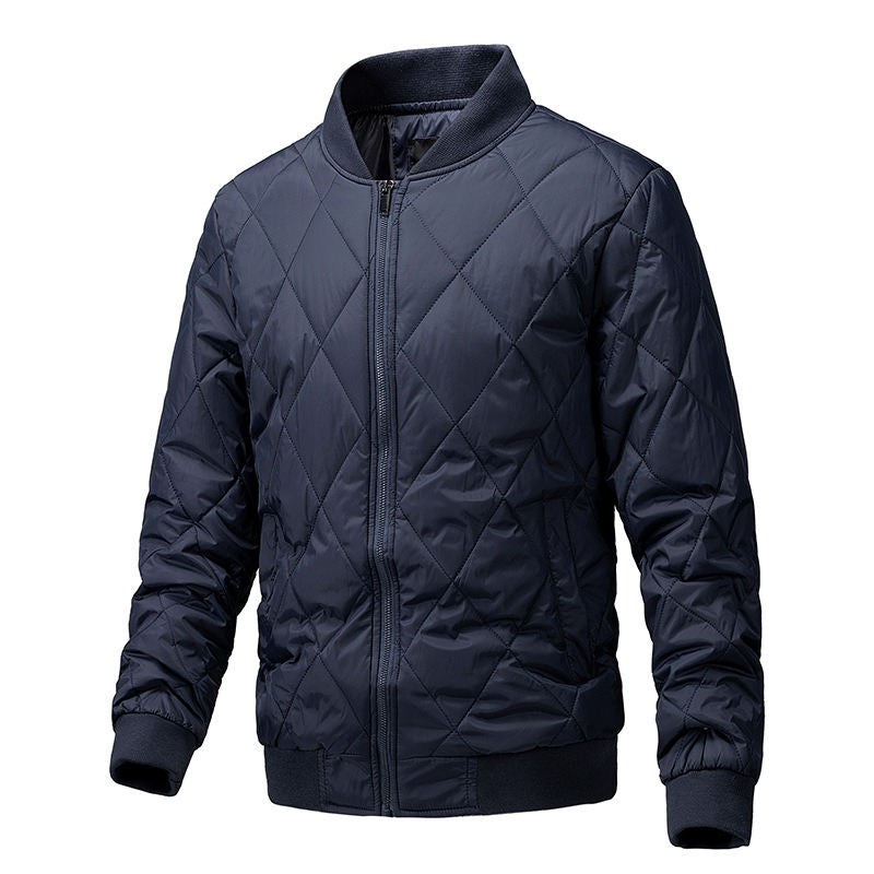 Mens Bomber Jacket Diamond Quilted Jackets Winter Warm Padded Coats-DarkBlue