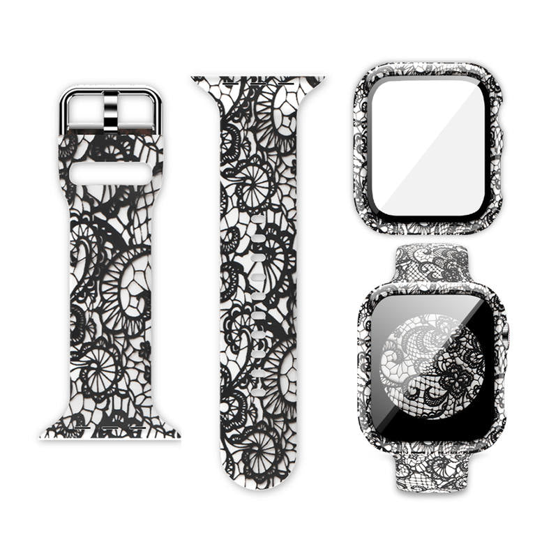 Silicone Printed Watch Band with Screen Protector Case for iWatch Series SE/6/5/4/3/2/1-LaceTexture