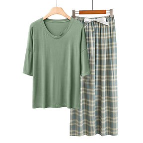 2 Pack Womens Pajama Set Print Sleepwear Soft V-Neck Short Sleeve Top With Pants-11