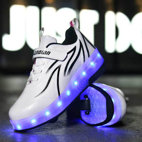 Double Wheel Roller Skate Shoes Light Up Sneakers for Boys Girls-Black White