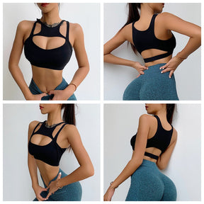 Push up Sports Bra Sexy Hollow with Removable Cups Fitness Tops-Black