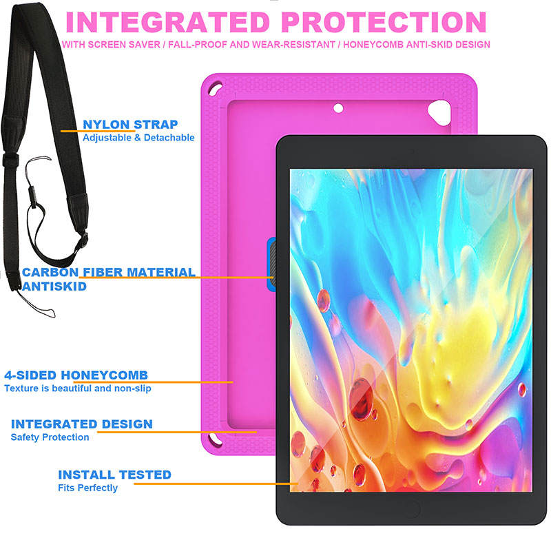 iPad Case With Handle Stand Shoulder Strap for iPad7/iPad8/iPad9 10.2/iPad10.5-RoseBlue